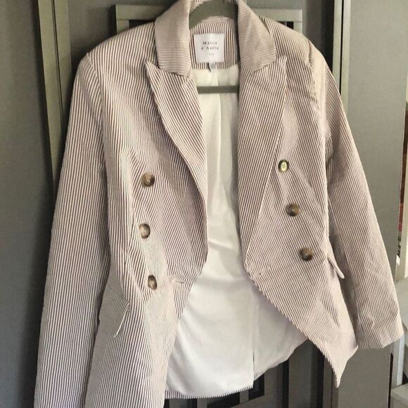 Maison D'Amelie Paris Brown pinstripe double breasted blazer with stretch size X - Picture 5 of 6